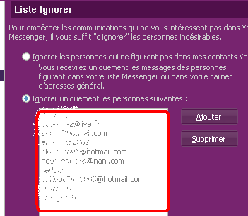 Voir ma listes des contactes ignorés Yahoo Messenger