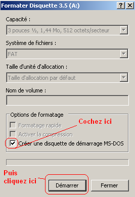 Case à cocher pour créer une disquette de démarrage