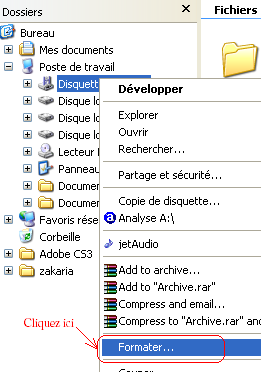 Menu pour formater le flash disque ou la disquette