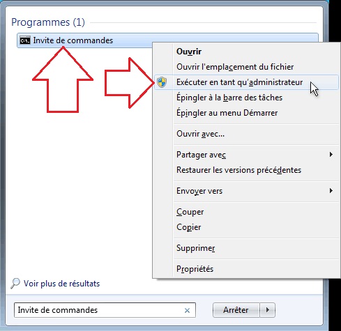 Ouvrir l'invite de commandes Widows 7 et Vista