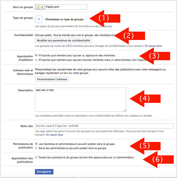 Paramètres groupe Facebook
