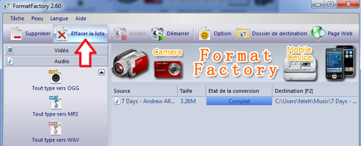 Fenêtre Format Factory avec une liste vidée