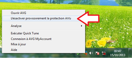 Bouton pour désactiver AVG provisoirement
