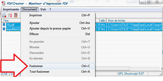 Bouton pour fusionner les deux documents PDF