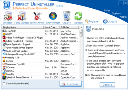 Page d'accueil Perfect Uninstaller