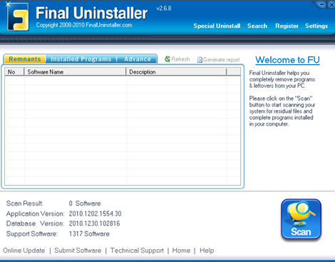 Fenêtre d'accueil Final Uninstaller