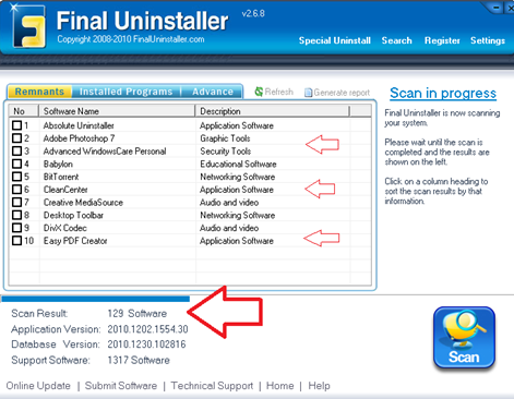 Liste des programmes installés trouvé par Final Uninstaller