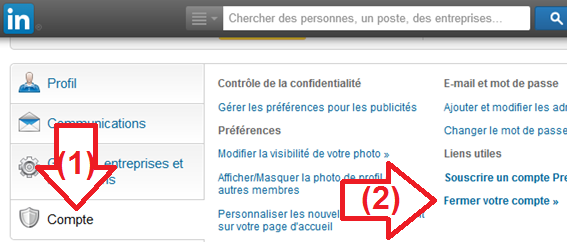 Bouton pour fermer un compte LinkedIn