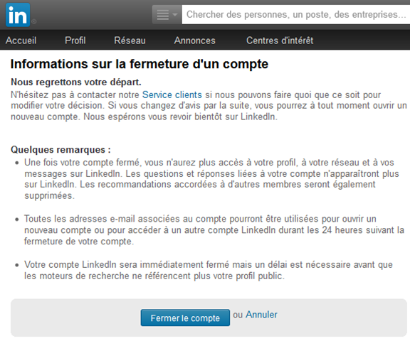 Valider la suppression du compte LinkedIn