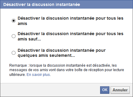 Choix de la discussion instantanée de Facebook