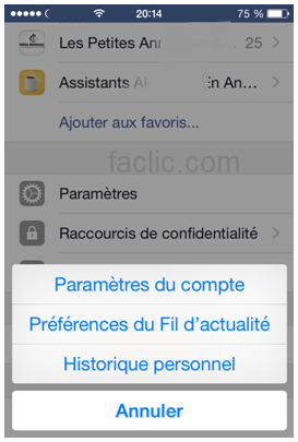 Avertissement iPhone pour accèder aux paramètres Facebook