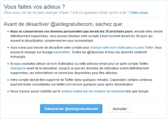 Alerte avant suppression du compte Twitter