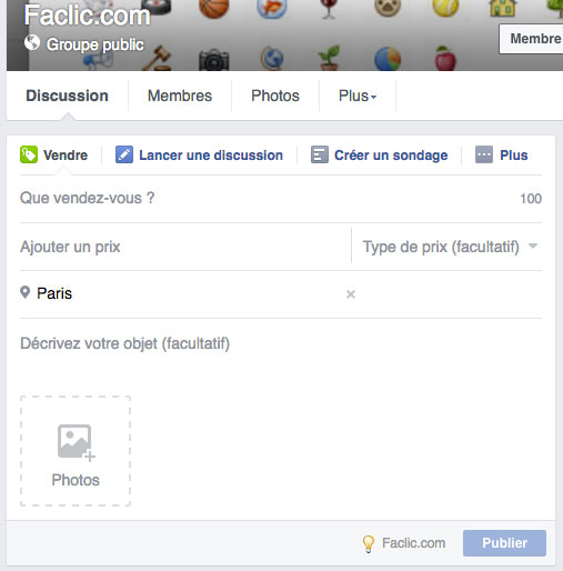 Publication de vente Facebook